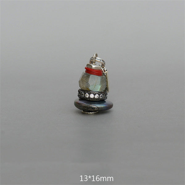 Zen Cairn Crystal Pendant – labradorite crystal ring pearl disc stacked pendant, 13x16mm zen charm