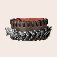 Dragon Leather Weave Protection Bracelet – dragon serpent coiled around brown leather band, rustic strength