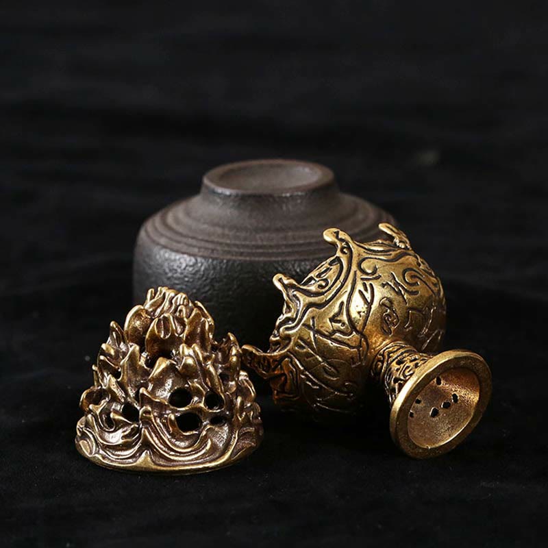 Copper Incense Burner Parts – Lotus lid and relief-carved body disassembled on black background, traditional censer craft