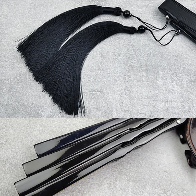 Vintage Silk Folding Fan - Ink wash bamboo and misty mountains on white silk, black bamboo frame