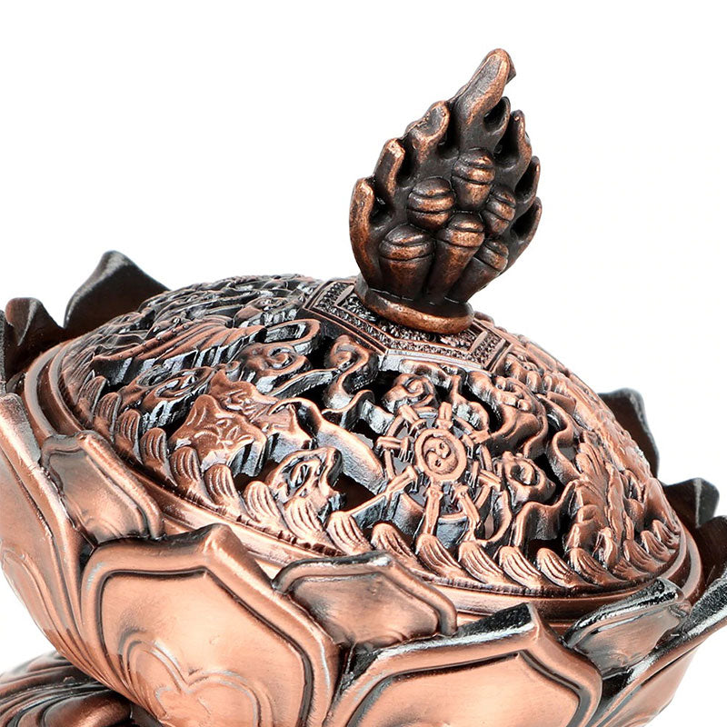 Lotus Shaped Incense Burner - Copper lotus censer with detail inset on white background, Craftsmanship display