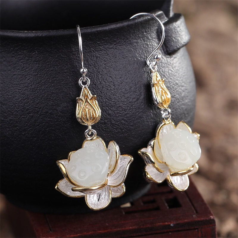 White Jade Lotus Drop Earrings