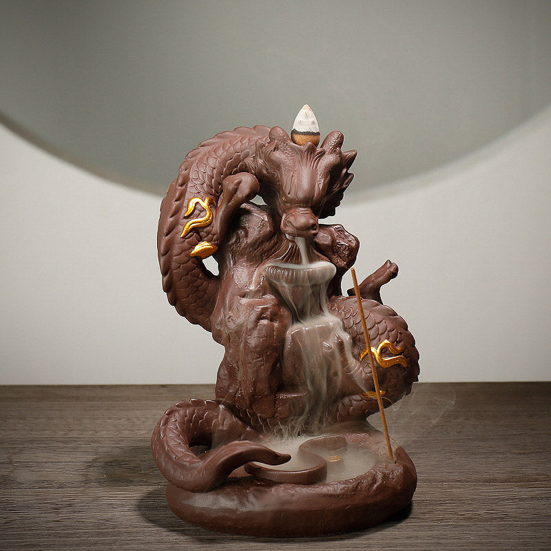 Dragon Incense Burner - White background gold-detailed dragon smoke waterfall, Zen