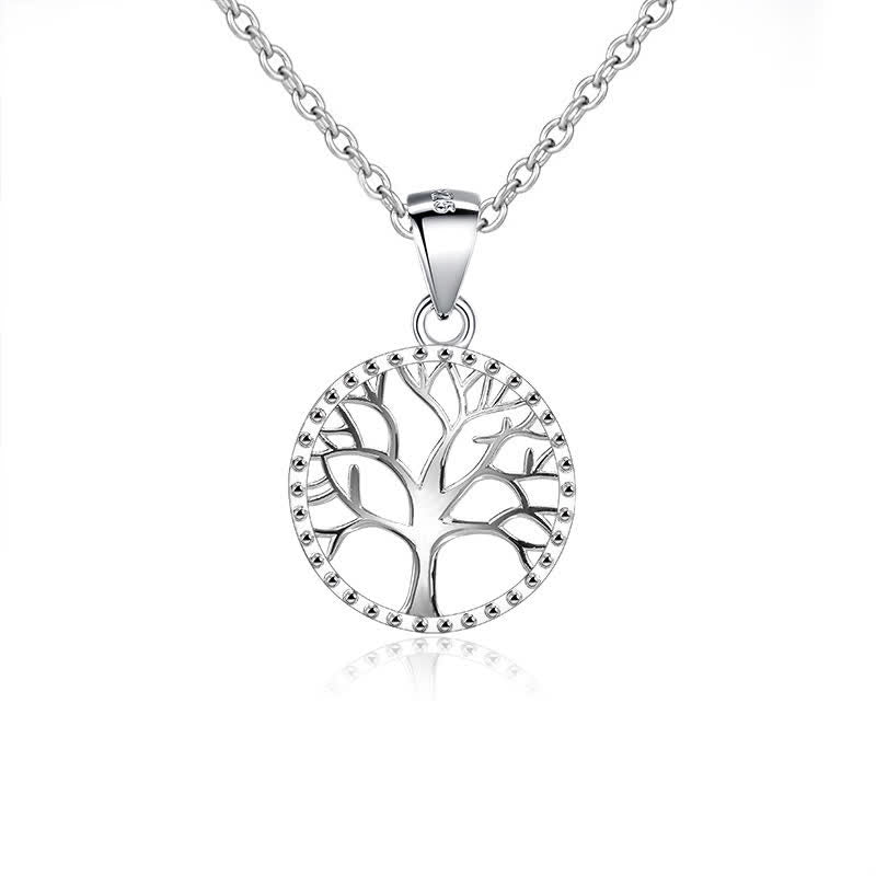 Tree of Life Sterling Silver Necklace – circular tree pendant on white background with reflection, 925 silver jewelry