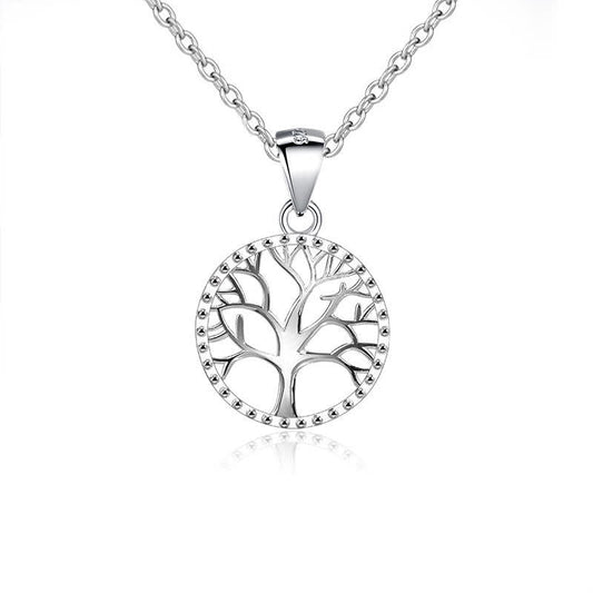 Tree of Life Sterling Silver Necklace – circular tree pendant on white background with reflection, 925 silver jewelry