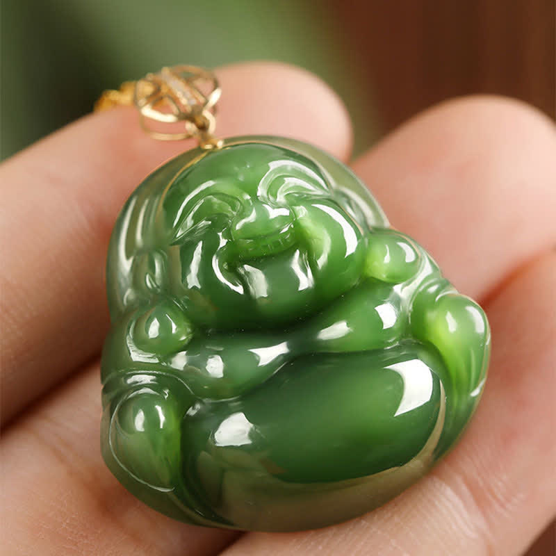 Laughing Buddha Cyan Jade Necklace – hetian jade stone smooth texture close-up, natural cyan jade surface