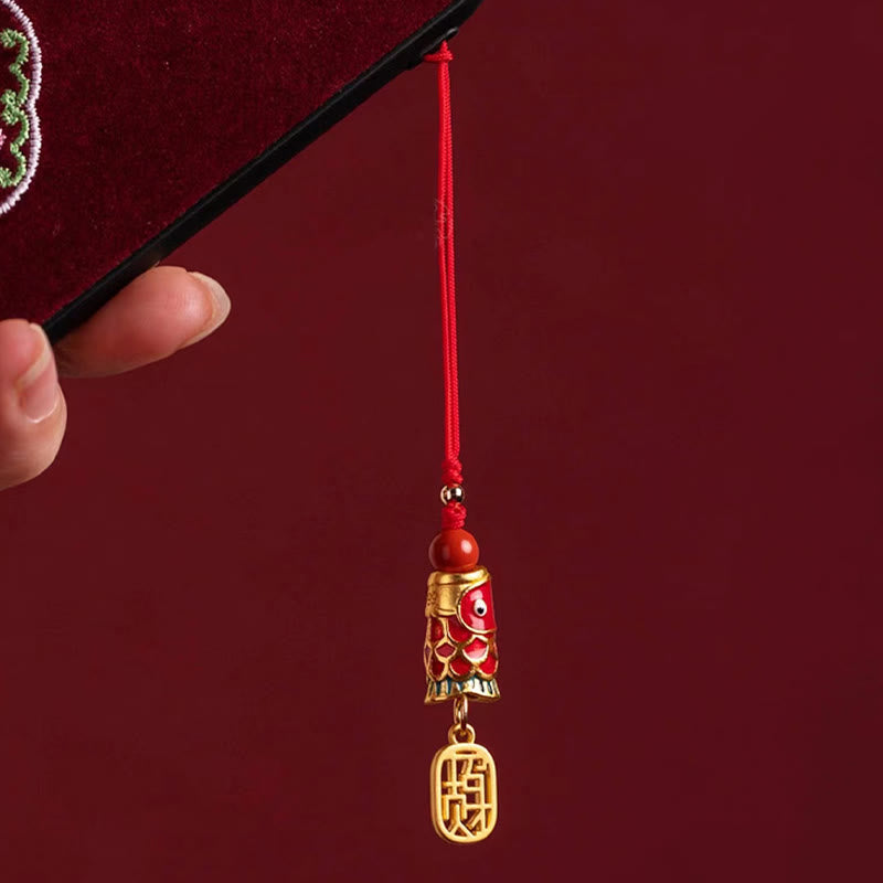Koi Fish Cinnabar Ruyi Phone Charm – assembled phone charm hanging from smartphone, red koi ruyi cinnabar accessory