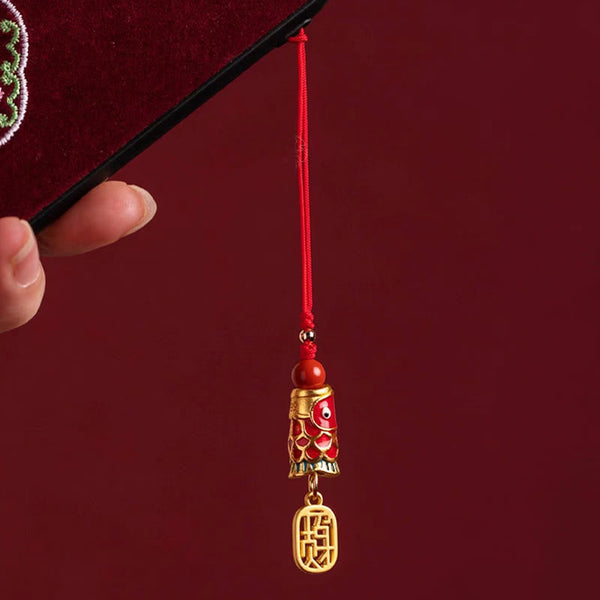 Koi Fish Cinnabar Ruyi Phone Charm – assembled phone charm hanging from smartphone, red koi ruyi cinnabar accessory