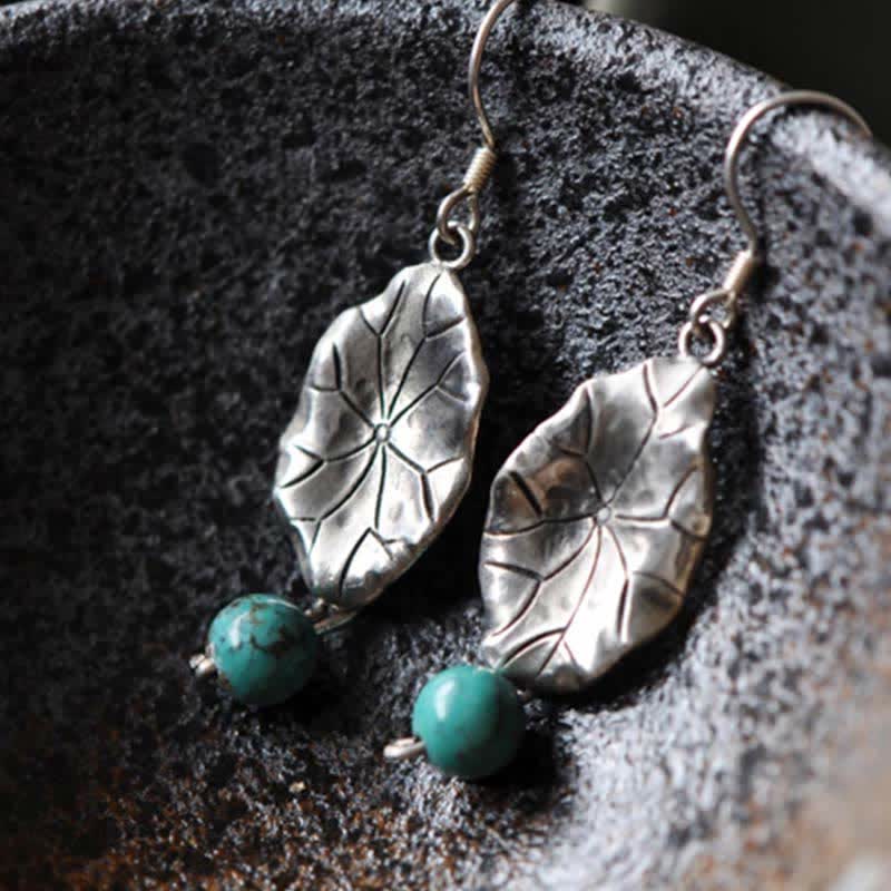 Sterling Silver Turquoise Lotus Leaf Earring - pair on dark stone, bohemian aesthetic