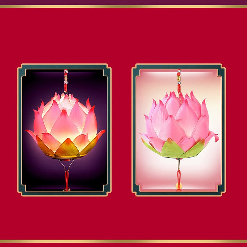 DIY Lotus Dragon Lantern Tassel Lamp – Pink lotus lantern shown lit and unlit in dual panel with gold frame, Versatile beauty