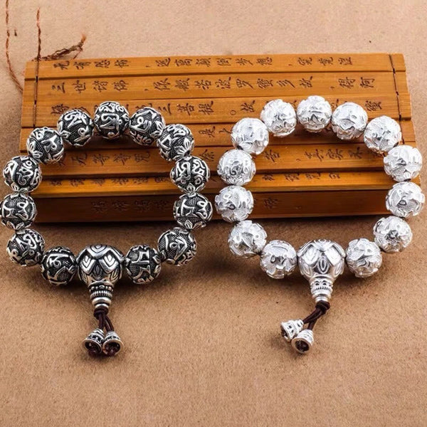 Om Mani Padme Hum Bracelet – Oxidized and polished silver duo on bamboo slips, carved mantra