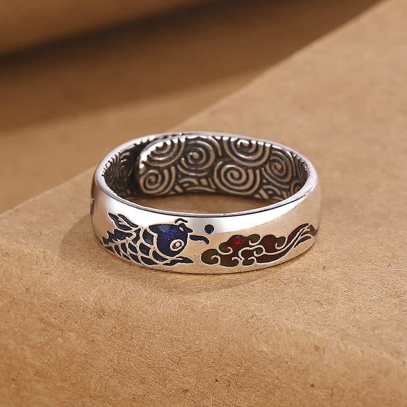 Koi Fish Auspicious Cloud Copper Ring – close-up of koi fish and cloud motif, handcrafted copper band