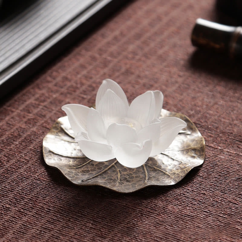 Lotus Liuli Incense Burner – on hammered brass lily pad base, Mindful