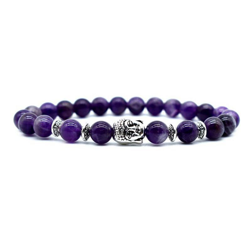 Amethyst Buddha Bracelet – Front view of deep purple amethyst beads with silver Buddha charm, love jewelry