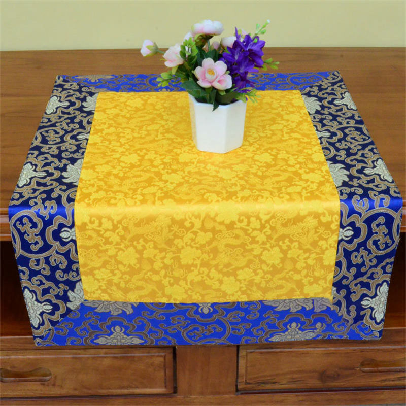 Dragon Vajra Altar Table Runner – Blue base gold overlay on wood, floral styling, regal