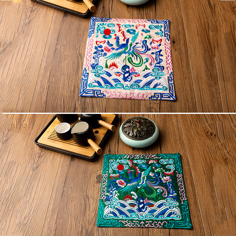 Phoenix Dragon Kirin Embroidery Tea Cup Mat - Cream and green mats with tea set, Dual Colorway