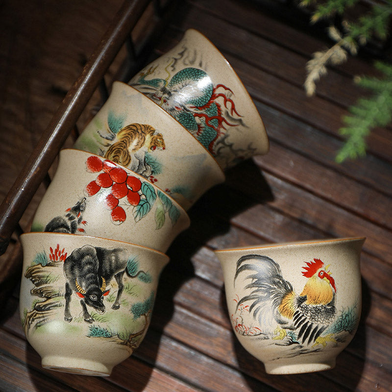 Chinese Zodiac Ceramic Teacup - pair of zodiac tea cups with painted motifs, gongfu tea set