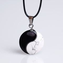 Black Obsidian White Turquoise Yin Yang Transformation Necklace Pendant - White howlite obsidian yin-yang on black cord, stud