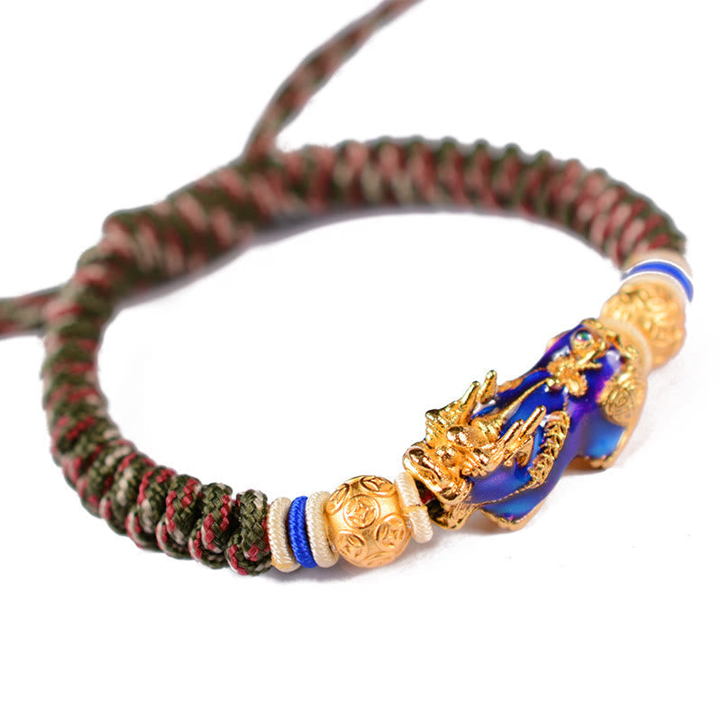 Feng Shui PiXiu Bracelet – red green braided rope blue Pixiu white background, handmade wealth charm