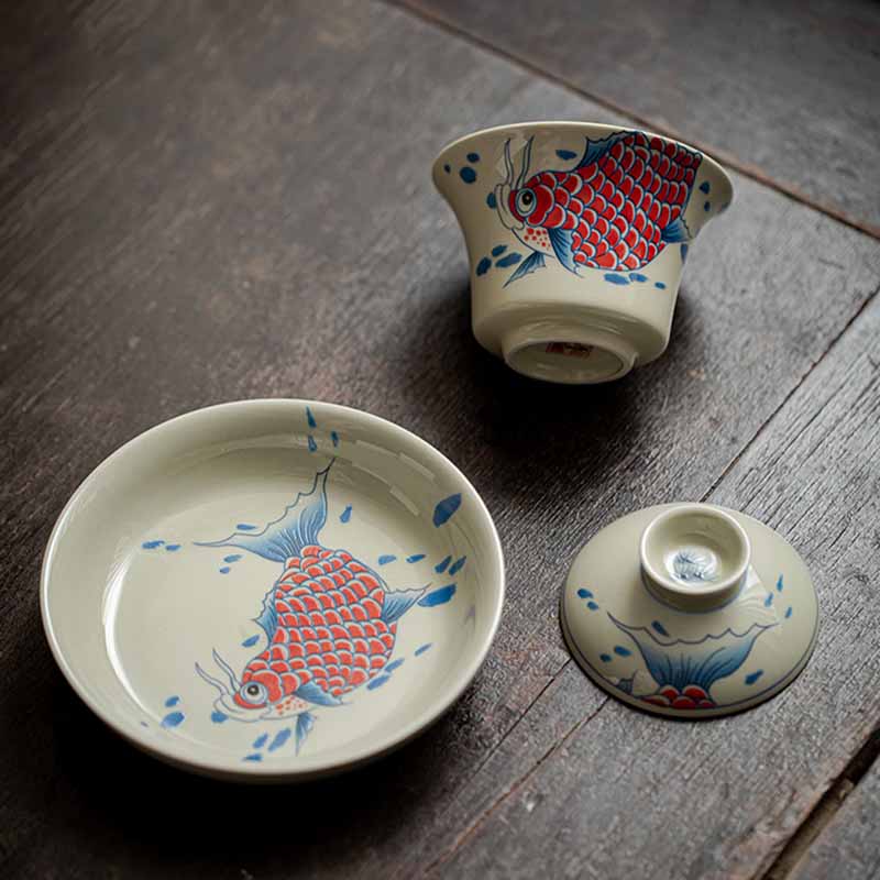 Koi Fish Gaiwan – overhead with lid removed showing interior, sancai teaware