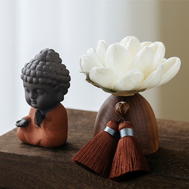 Black Peach Wood Buddha Flower Decoration – close-up serene eyes and gentle smile, meditation calming piece