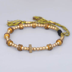 Tibetan Gold Om Mani Padme Hum Bracelet – Rectangular center bead with engraved gold spacers, men’s bracelet