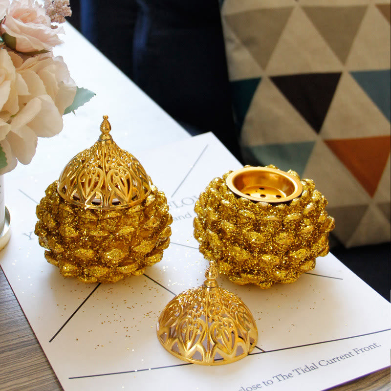 Gold Pine Cone Mini Incense Burner - Paired burners, geometric cushion, pink blooms, elegant decor