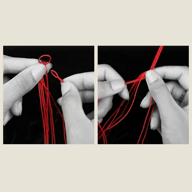 Tibetan Mantra Bracelet – Tutorial showing hands weaving red cord for handmade knotting, craft bracelet