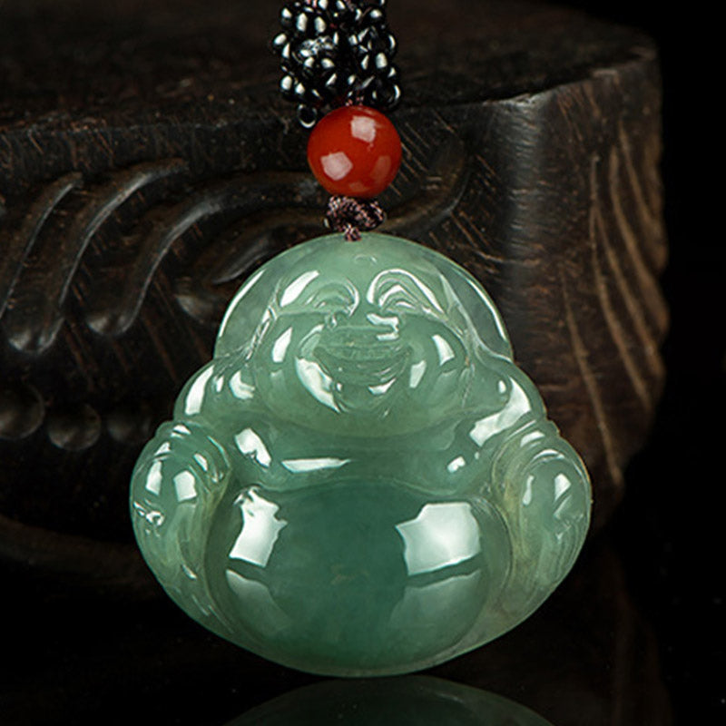 Silver Sheen Obsidian Laughing Buddha Necklace – silver sheen flash under light, volcanic glass charm