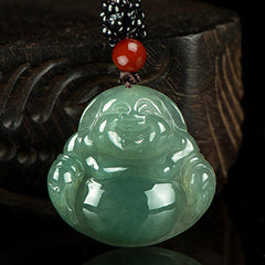 Silver Sheen Obsidian Laughing Buddha Necklace – silver sheen flash under light, volcanic glass charm