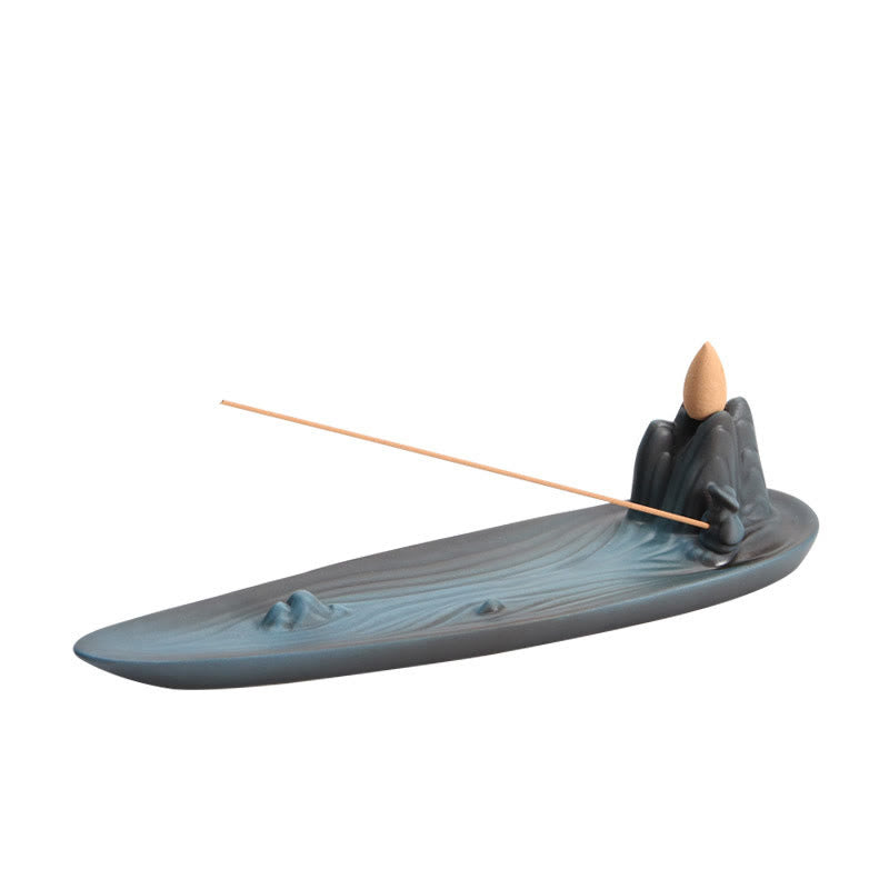 Double Koi Fish Mountain Incense Burner - blue-gray mountain backflow burner with sculpted peaks