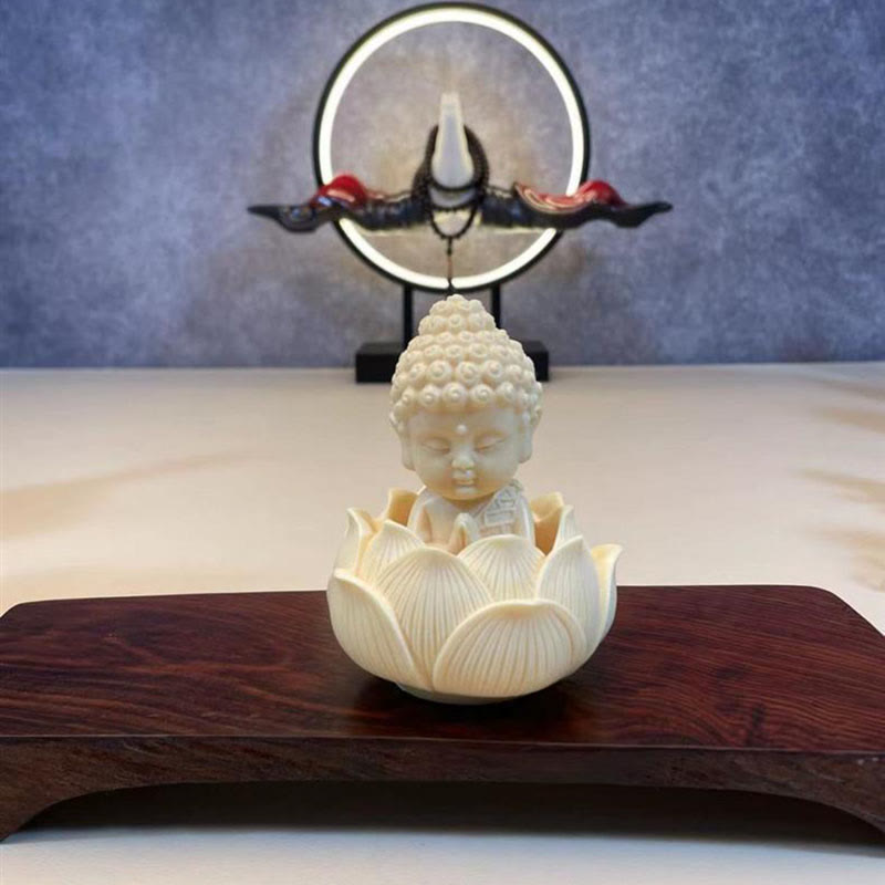 Mini Ivory Fruit Buddha Lotus Serenity Desk Decoration – Tiny Tathagata figure with lotus detail, peaceful desk blessing