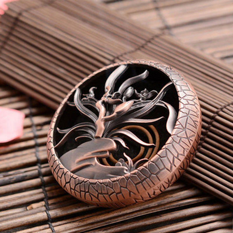 Plum Incense Burner - Copper holder with orchid openwork design on bamboo mat, floral incense burner