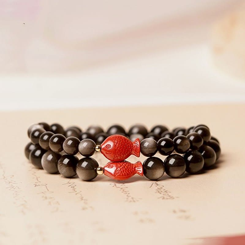 Silver Sheen Obsidian Bracelet – front view, cinnabar koi fish charm, iridescent obsidian beads
