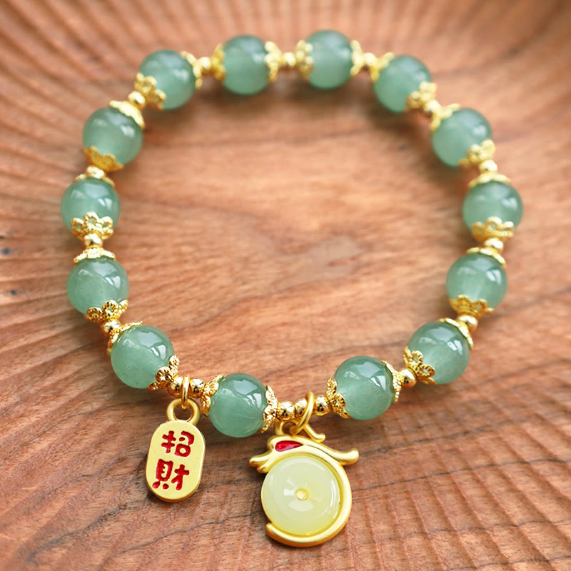 Red Agate Aventurine Dragon Bracelet – Green bead bracelet on natural wood with wealth and rabbit charms, Natural