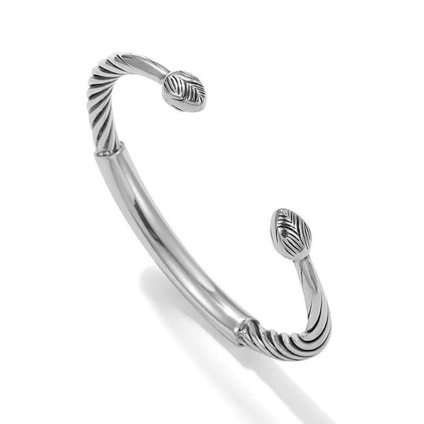 Tibetan Heart Sutra Cuff Bracelet – white background, polished silver with herringbone end caps and rope band