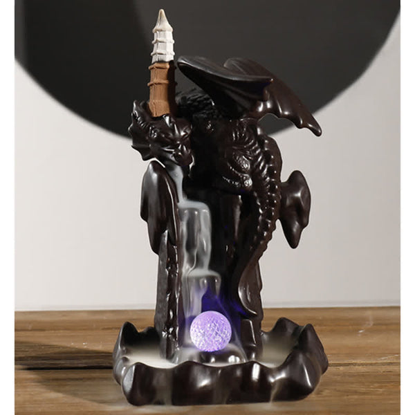 Nordic Dragon Backflow Incense Burner with purple LED orb and smoke cascade, dark ceramic dragon, backflow incense holder