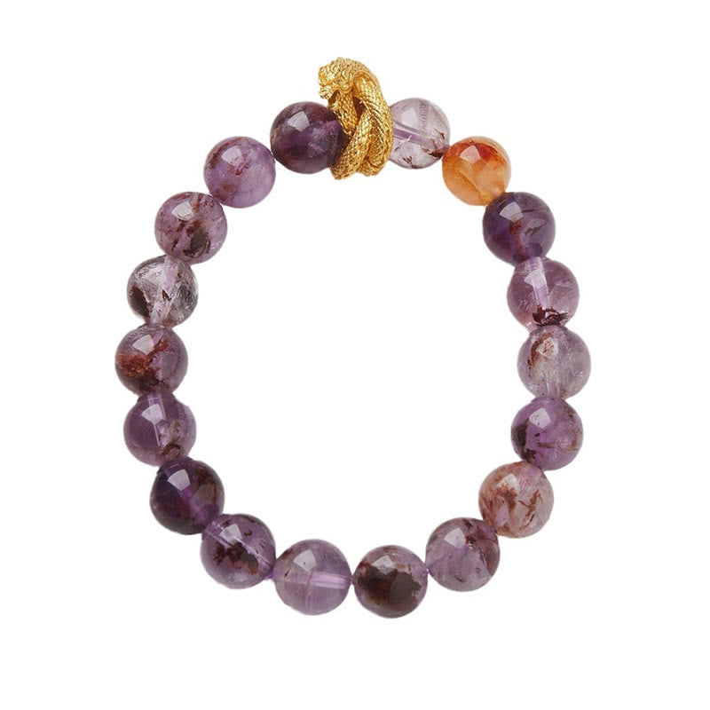 Purple Phantom Quartz Dragon Bracelet – Clean white background shot with purple beads and gold dragon, captivating