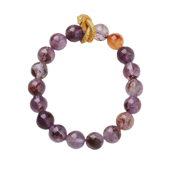Purple Phantom Quartz Dragon Bracelet – Clean white background shot with purple beads and gold dragon, captivating