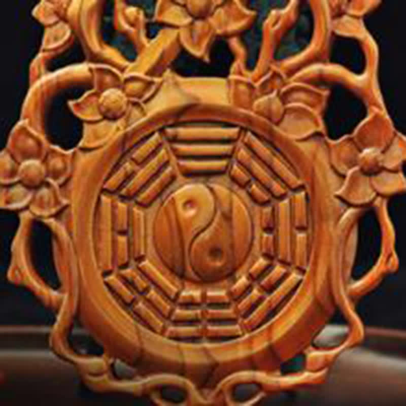 Peach Wood Bagua Map - Floral carved border detail, feng shui wooden wall art