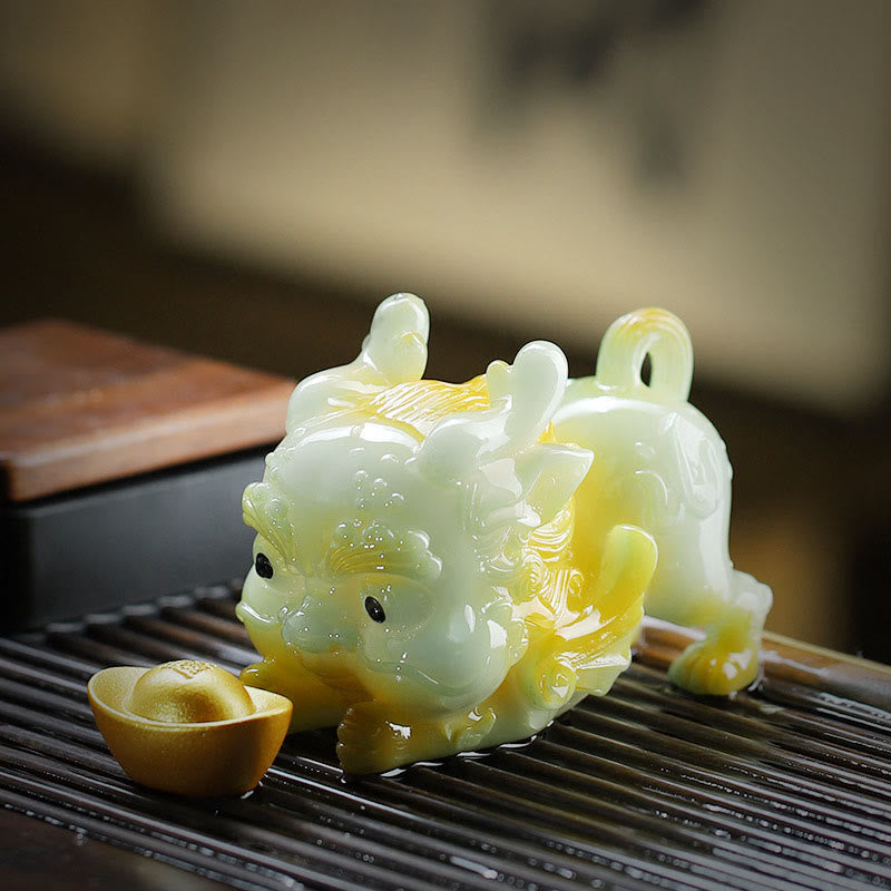 Color Changing PiXiu Tea Pet – Yellow-green PiXiu with gold ingot on bamboo tea tray