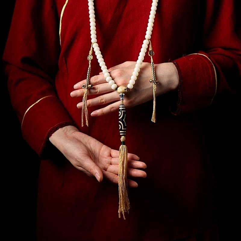 108 Mala Beads Bracelet – Held as necklace, dzi bead center, red fabric