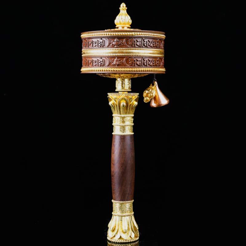 Copper Tibetan Prayer Wheel – Dark wood body with gold ornamental bands and copper bell, zen meditation