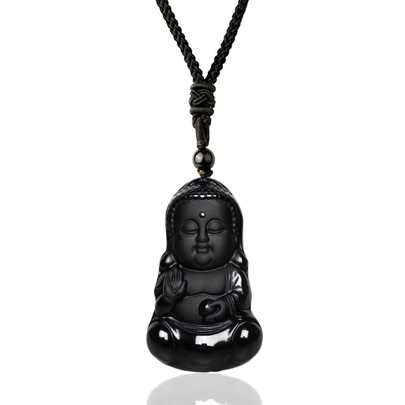 Black Obsidian Buddha Necklace - glossy black carved Buddha pendant on braided cord with black bead, white studio, Protection