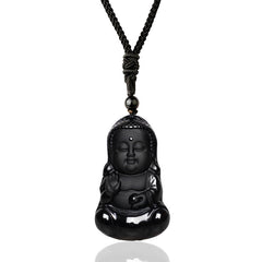 Black Obsidian Buddha Necklace - glossy black carved Buddha pendant on braided cord with black bead, white studio, Protection