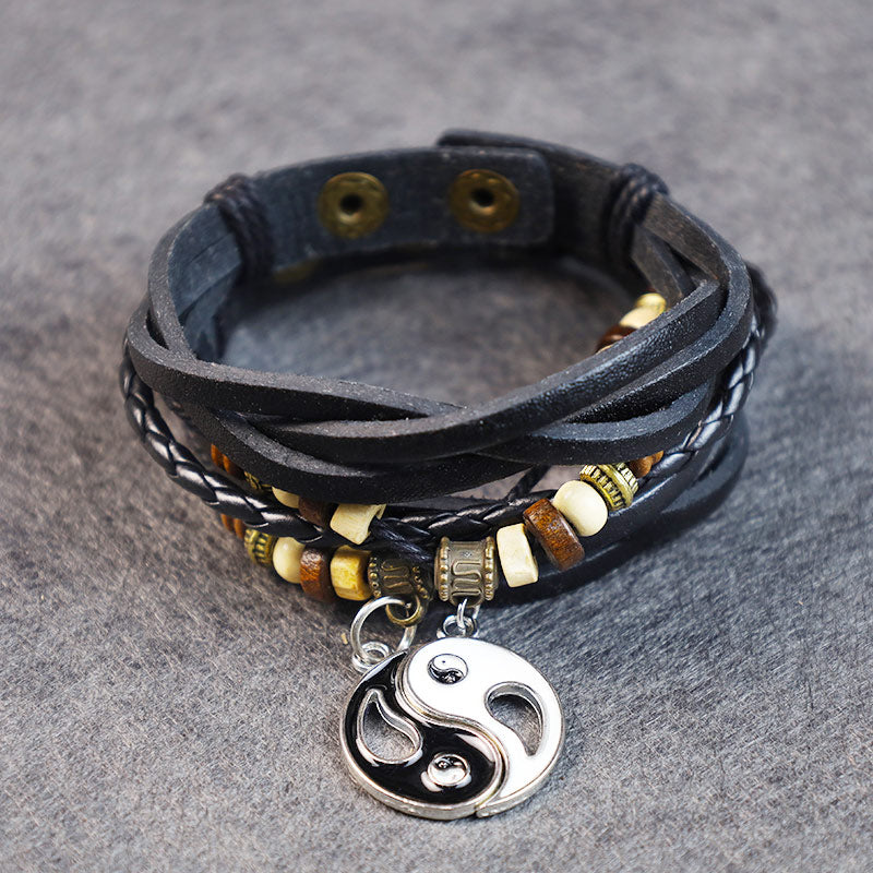Copper Yin Yang Balance Bracelet - Black leather bracelet with silver yin-yang pendant and wooden beads