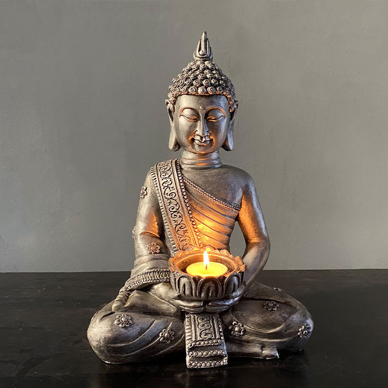 Tibetan Buddha Candlestick - Antique silver Buddha statue with glowing lotus candle holder