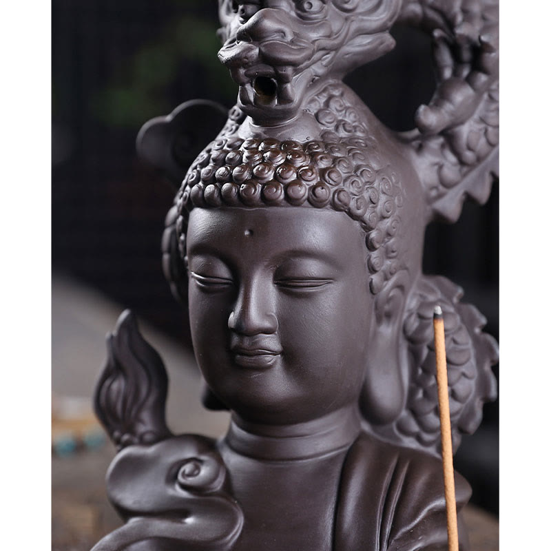 Dragon Buddha Incense Burner - Smoke rising from dragon mouth, feng shui display