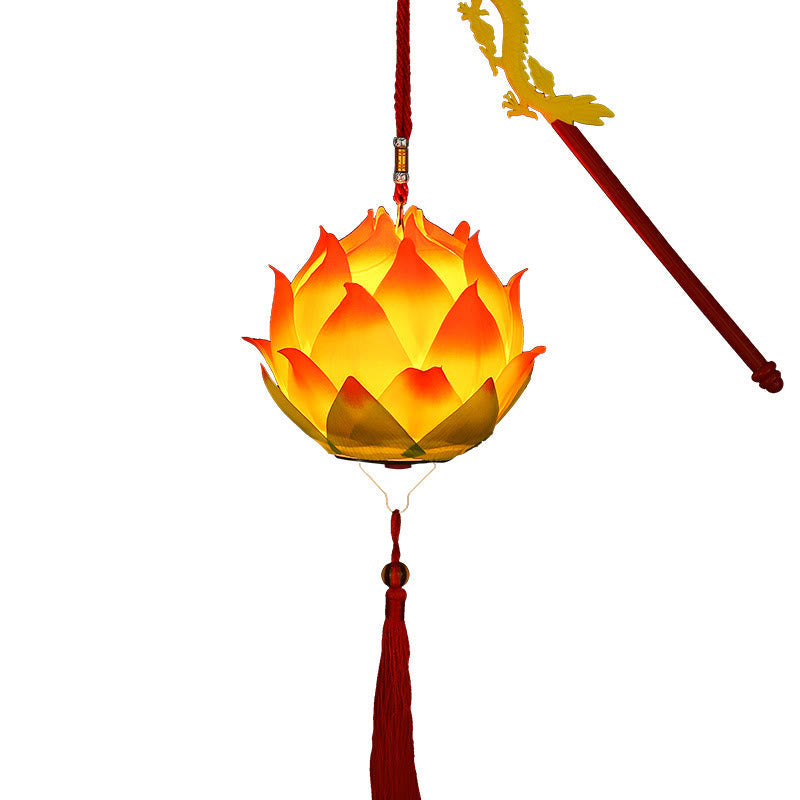 DIY Lotus Dragon Lantern Tassel Lamp – Yellow-orange lotus lantern with dragon rod on white background, Studio clarity