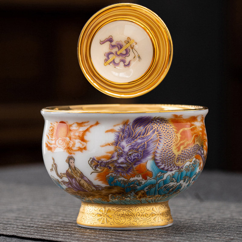 Golden Eagle Dragon Gilt Ceramic Teacup – purple dragon and immortal figure with lid, gold gilding, ruyi emblem, enamel art